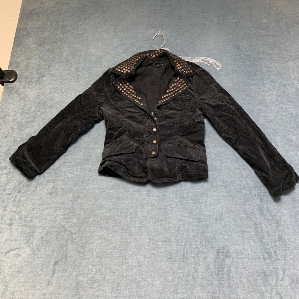 Sisley Corduroy Blazer Jacket Womens S  Black Studded Collar Classic Notch Lapel